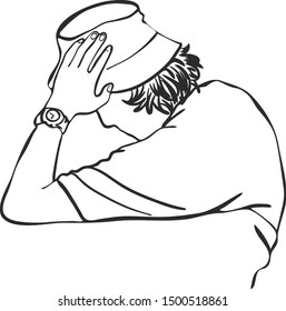 The man in hat wearing watch is holding his head while leaning is thinking problems.