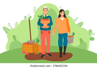 Man with hat and woman in overalls gardeners are standing with crop in their hands. Woman holds a bucket of potatoes and carrots. Man holds a basket of carrots, tomatoes. Garden tools. Flat image