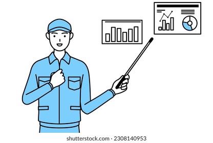 Man in hat and work clothes analyzing a performance graph, Vector Illustration