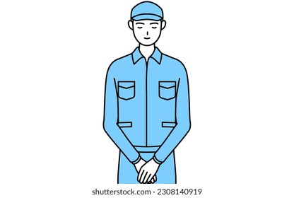 Man in hat and work clothes bowing with folded hands, Vector Illustration