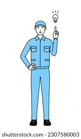 Mann in Hut und Arbeitskleidung, der eine Idee hat, Vektorgrafik