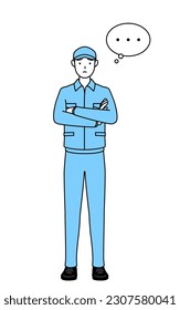 Man in hat and work clothes with crossed arms, deep in thought, Vector Illustration