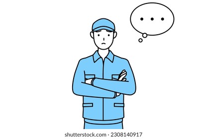 Man in hat and work clothes with crossed arms, deep in thought, Vector Illustration