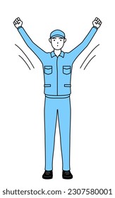 Man in hat and work clothes doing radio calisthenics, preparation for accident prevention, Vector Illustration