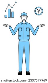 Hombre con sombrero y ropa de trabajo guiando una imagen de DX, rendimiento y mejora de ventas, Ilustración vectorial