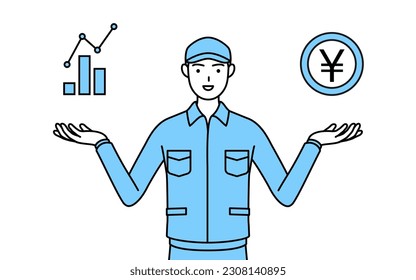 Man in hat and work clothes guiding an image of DX, performance and sales improvement, Vector Illustration