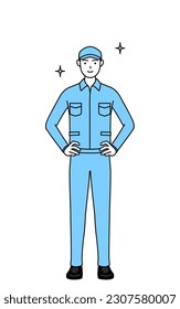 Man in hat and work clothes with his hands on his hips, Vector Illustration