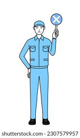 Man in hat and work clothes holding a placard with an X indicating incorrect answer, Vector Illustration
