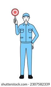 Hombre con sombrero y ropa de trabajo sosteniendo un cartel de maru que muestra la respuesta correcta, Ilustración vectorial