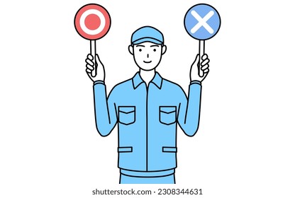 Man in hat and work clothes holding a placard indicating correct and incorrect answers, Vector Illustration