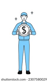 Man in hat and work clothes with images of foreign exchange gains and dollar appreciation, Vector Illustration