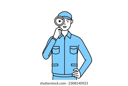Man in hat and work clothes looking through magnifying glasses, Vector Illustration