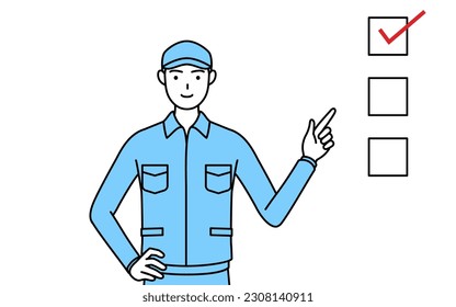 Man in hat and work clothes pointing to a checklist, Vector Illustration
