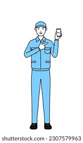 Hombre con sombrero y ropa de trabajo recomendando pagos en línea sin efectivo en un smartphone, Vector Illustration