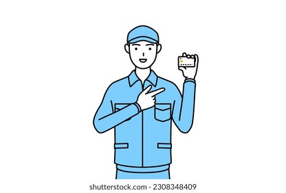 Man in hat and work clothes recommending credit card payment, Vector Illustration