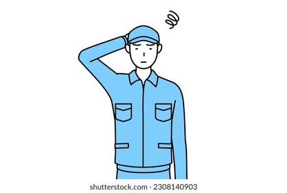 Man in hat and work clothes scratching his head in distress, Vector Illustration