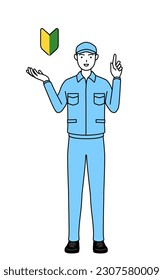 Man in hat and work clothes showing the symbol for young leaves, Vector Illustration