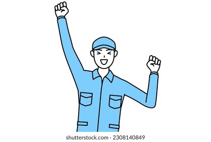 Man in hat and work clothes smiling and jumping, Vector Illustration