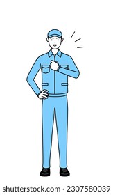 Man in hat and work clothes tapping his chest, Vector Illustration