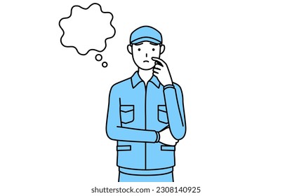 Man in hat and work clothes thinking while scratching his face, Vector Illustration