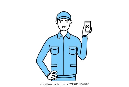 Man in hat and work clothes using a smartphone at work, Vector Illustration