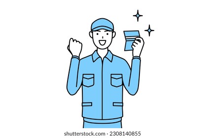 Man in hat and work clothes who is pleased to see a bankbook, Vector Illustration