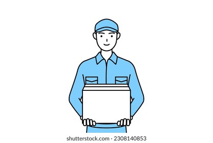 Hombre con sombrero y ropa de trabajo trabajando para llevar cajas de cartón, Ilustración vectorial