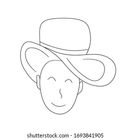 Hombre en eso como un estafador. Ilustración vectorial al estilo de doodle de dibujos animados. Sencillo carácter feliz. Diseño para publicidad de sombreros, granjas, cazadores, pescadores, petermanos, estilo y belleza