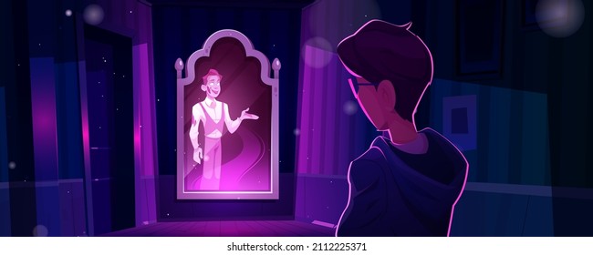 Man In Haunted House With Ghost Appear In Mirror. Halloween Dark Abandoned Old Building With Dead Spirit Inside. Virtual Tour, Adventure Book Or Game Personages, Cartoon Vector Illustration