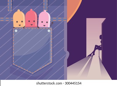 Man have 3 condom keep in back pocket of jeans. Front of this man is room of sexy women which door opening to see silhouette of her sitting on a chair. This illustration about sex concept