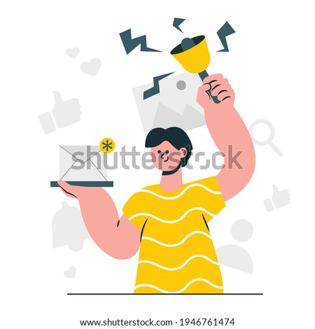 Man have chat messages noticication, turn on social media for up to date, bell notification. Can use for template, ui, web, hompage, poster. Notifications concept illustration vector