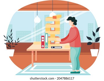 Los hombres se divierten y juegan sobre la mesa y sobre la moqueta azul. Carácter masculino en un juego de tablero de juego de suéter rojo con carpetas y documentos cerca de la ilustración del vector de ventana grande