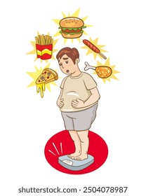 Man have gained weight standing on electronic scales surrounded by fast junk food and drinks. Flat, Vector, Illustration, Cartoon, EPS10.   