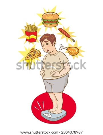 Man have gained weight standing on electronic scales surrounded by fast junk food and drinks. Flat, Vector, Illustration, Cartoon, EPS10.   