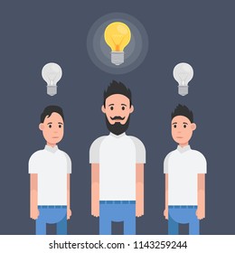 Man have good idea. Other people do not have any idea. Solution of the problem. Vector illustration.