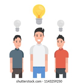 Man have good idea. Other people do not have any idea. Solution of the problem. Vector illustration.