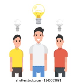 Man have good idea. Other people do not have any idea. Solution of the problem. Vector illustration.