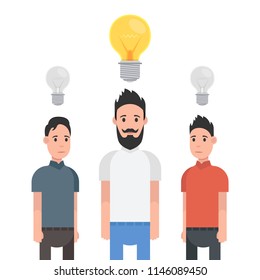 Man have good idea. Other people do not have any idea. Solution of the problem. Vector illustration.