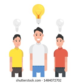 Man have good idea. Other people do not have any idea. Solution of the problem. Vector illustration.