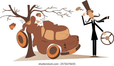 Man have got into a road accident illustration. 
Upset long mustache man in the top hat holding a steering wheel stands near the car which crashed into the tree and thinks
