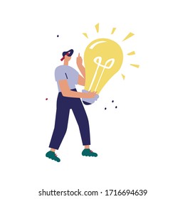 Man have a great idea. Light bulb as a metaphor of idea. Flat cartoon vector illustration in modern concept. 