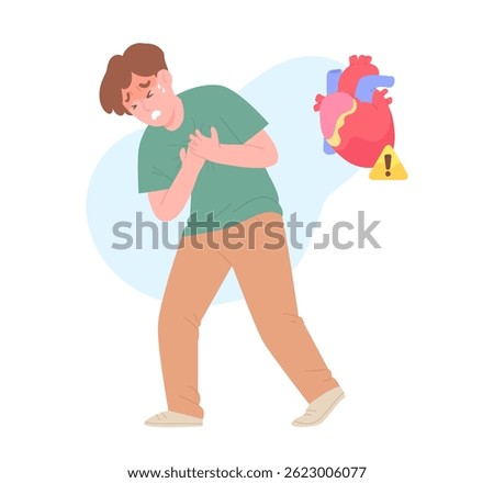 Man have a heart attack uses both hands holding his chest with a painful face expression. Human cardiac with caution sign. concept of medical emergency or cardiac arrest, heart failure, disease.