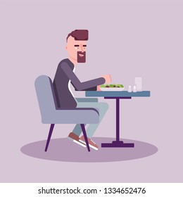 Man have lunch in cafe flat vector illustration. Handsome guy with beard eating salad. Gentleman sitting at table cartoon character. Caucasian at bistro, cafeteria, restaurant. Isolated design element