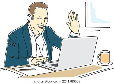 Man have online business meeting    at home. Wearing headphones while conversation. Vector illustration.