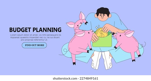 Man have problem with budget planning, money managment and savings. Character collect and putt coin in one of piggy bank. Trendy illustration for web banner, mobile app, advertisement or article.