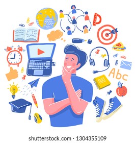 Man have a question. the boy thought of training. School Doodle vector set. Learning of foreign languages. Hand drawn icons Online