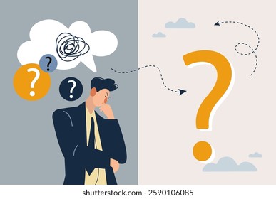 Man have a question. A young man stands in confusion. The concept of choosing a specialist, selection, decision making. Flat style vector illustration cartoon character.