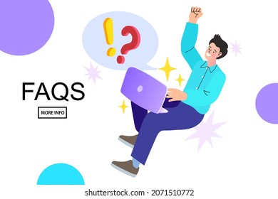 man have questions And solving problems. Online Support center. Frequently Asked Questions Concept. men looking for answer in the Internet. Problem and solution. Vector cartoon illustration.