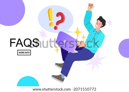 man have questions And solving problems. Online Support center. Frequently Asked Questions Concept. men looking for answer in the Internet. Problem and solution. Vector cartoon illustration.