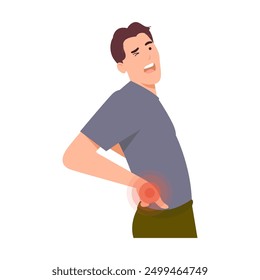 Man have spine pain. Feel uncomfortable when standing and touching the waist area. Adult will have weak bodies and chronic back pain. vector illustration